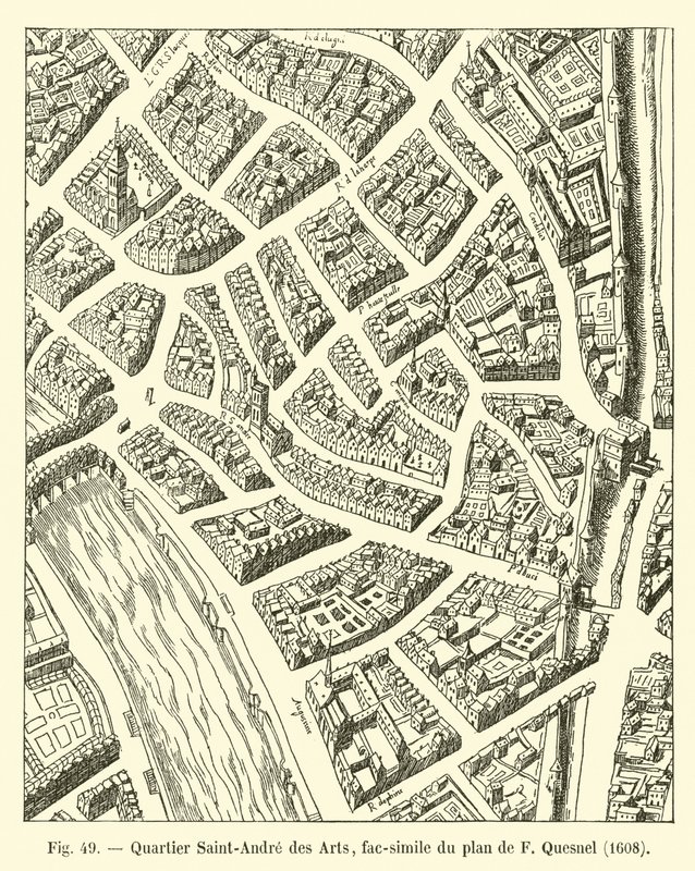Saint-Andre des Arts-distriktet, faksimile af F Quesnels plan, 1608 af French School