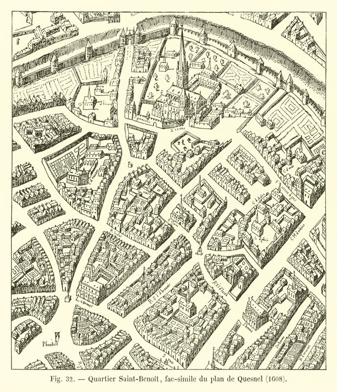 Saint-Benoit-distriktet, faksimile af kortet over Quesnel, 1608 af French School