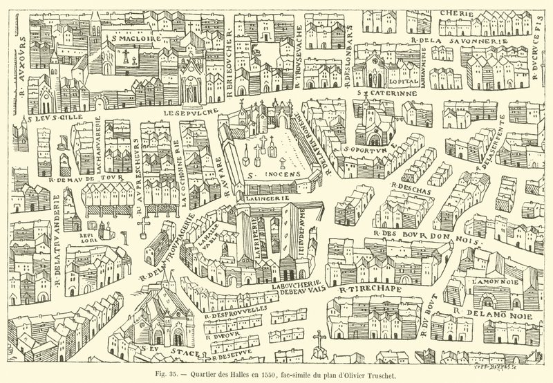 Les Halles-distriktet i 1550, faksimile af Olivier Truschets plan af French School