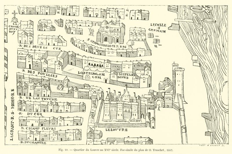 Louvre-distriktet i det 16. århundrede, faksimile af planen af ​​O Truschet, 1552 af French School