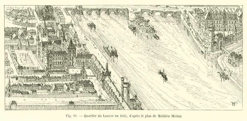 Louvre-distriktet i 1615, efter Mathieu Merians plan af French School