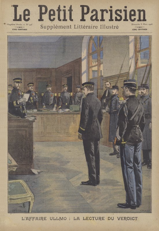 Oplæsning af dommen ved forræderiet mod Charles Benjamin Ullmo (farve litho) af French School
