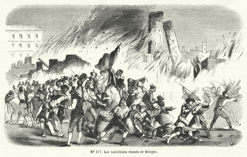 Oprørere driver østrigerne ud af Bologna, Italien, 1848 af French School