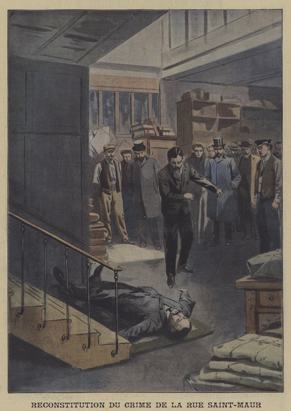 Rekonstruktion af et mord i Rue Saint-Maur, Paris (farve litho) af French School