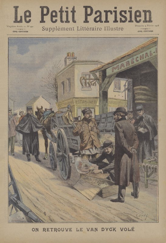Inddrivelse af et stjålet Van Dyck-maleri i Belgien (farve litho) af French School