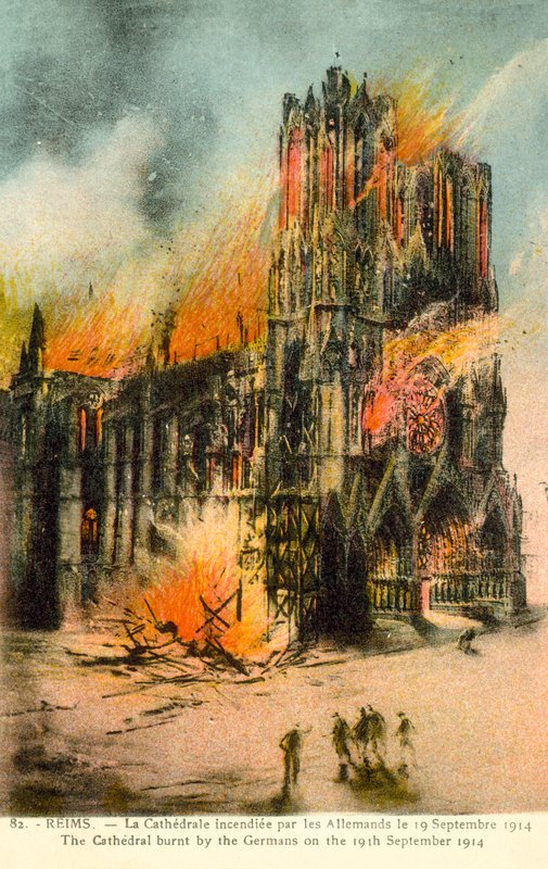 Reims, katedralen brændt af tyskerne den 19. september 1914 (farve litho) af French School