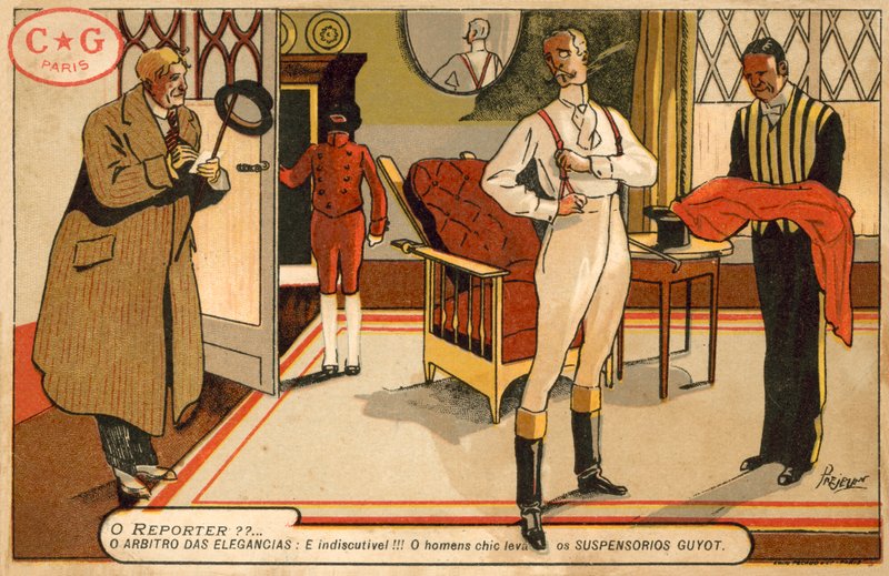 Reporter, der interviewer en herre, der klæder sig på (chromolitho) af French School