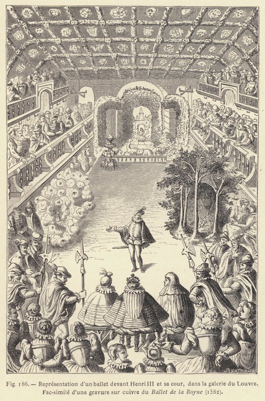 Repræsentation af en ballet for Henri III og hans hof i Louvre-galleriet (gravering) af French School