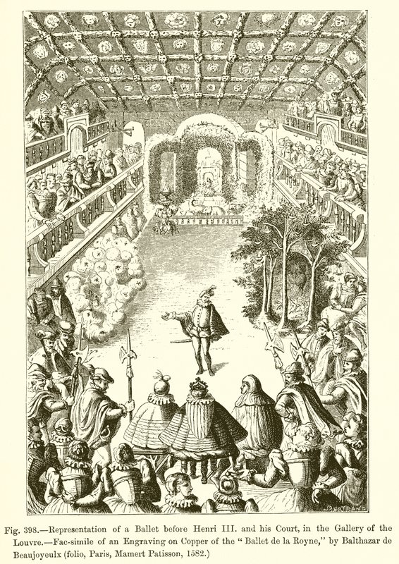 Repræsentation af en ballet for Henri III og hans hof, i Louvre-galleriet af French School