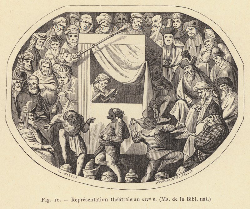 Teaterforestilling i det 14. århundrede, Ms de la Bibl nat (gravering) af French School