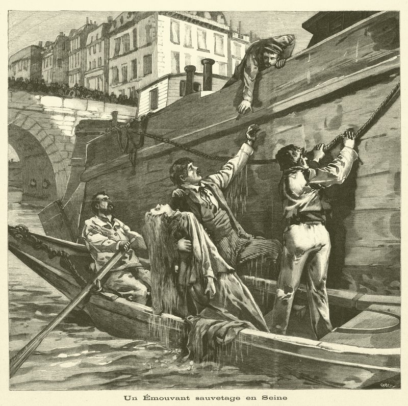 Redning af en kvinde fra floden Seinen i Paris (gravering) af French School