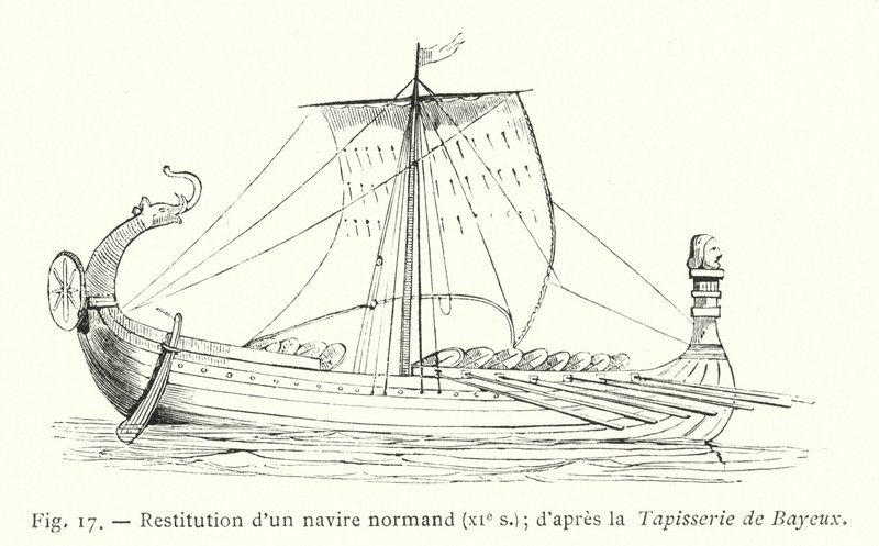 Restitution af et normannisk skib, 11. århundrede; efter Bayeux-tapetet (gravering) af French School
