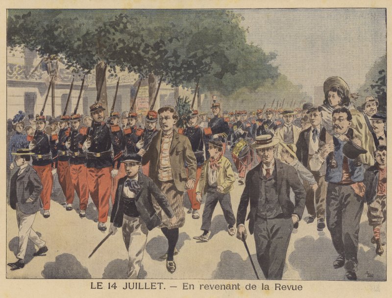 Vender hjem fra Bastille Day parade (farve litho) af French School