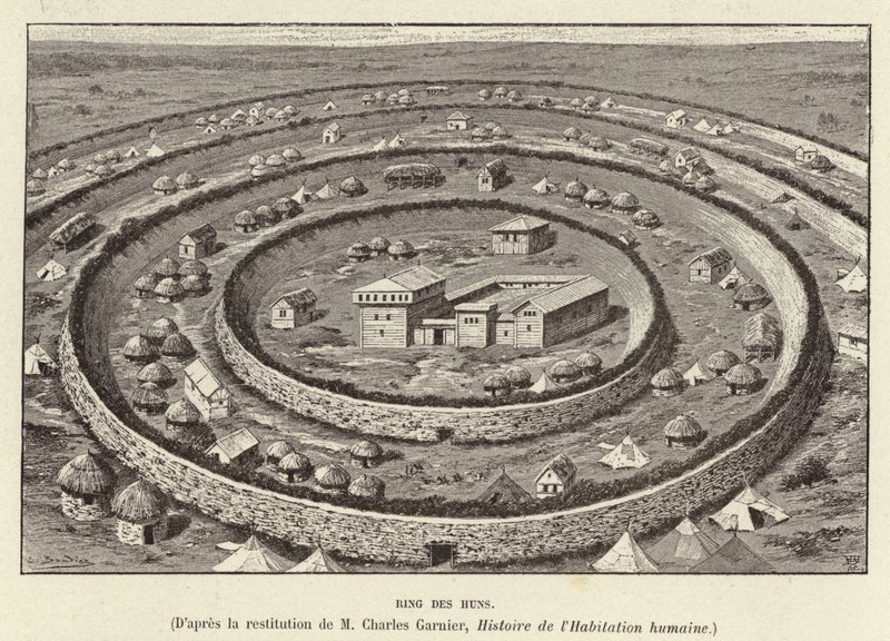 Ring des Huns. Ringformede fæstningsværker, der beskytter en hunernes bosættelse (gravering) af French School