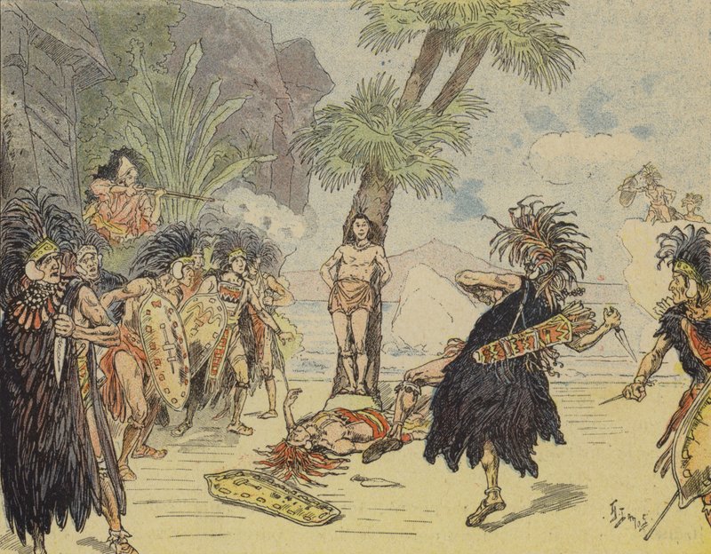 Robinson Crusoe tappaa kannibaalipäällikön ja pelastaa perjantain hengen (värilitho) af French School