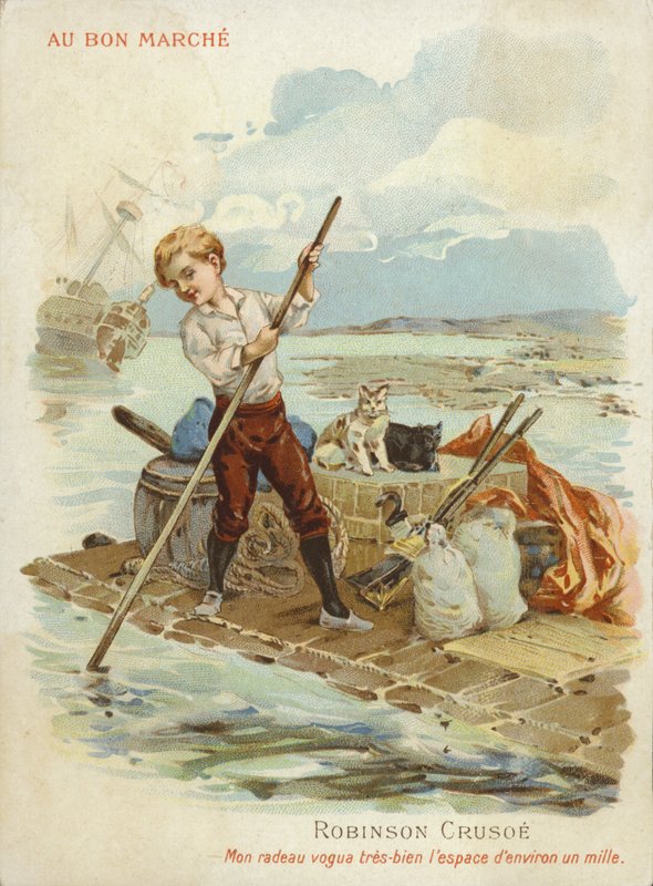 Robinson Crusoe på tømmerflåde. af French School