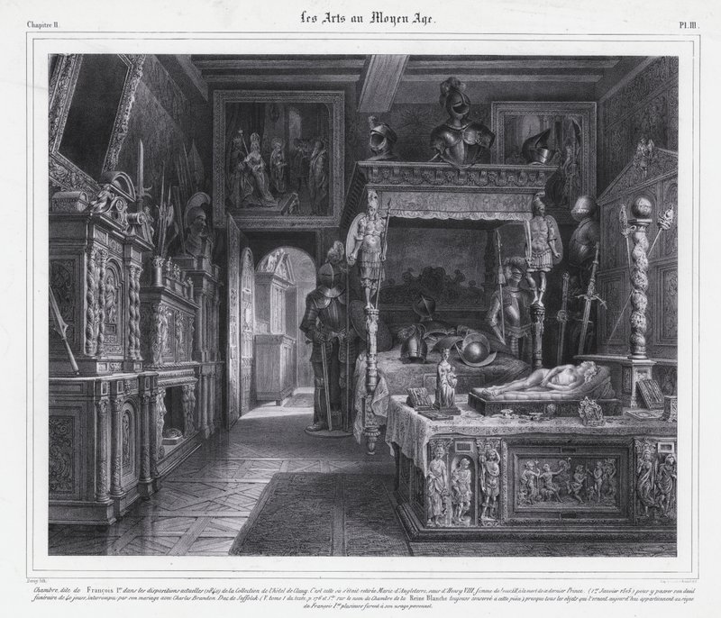 Værelse på Hotel de Cluny, Paris, hvor Mary Tudor tilbragte sin sørgeperiode i 1515 efter sin mands, kong Ludvig XII af Frankrigs død (litho) af French School