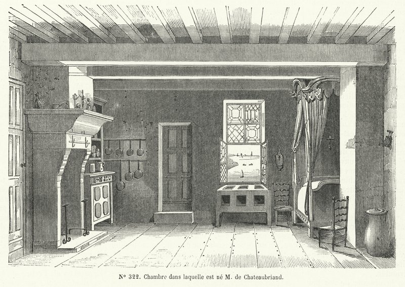 Værelse i Hotel de France i St. Malo, Bretagne, hvor den franske forfatter og politiker Francois-Rene de Chateaubriand blev født (gravering) af French School
