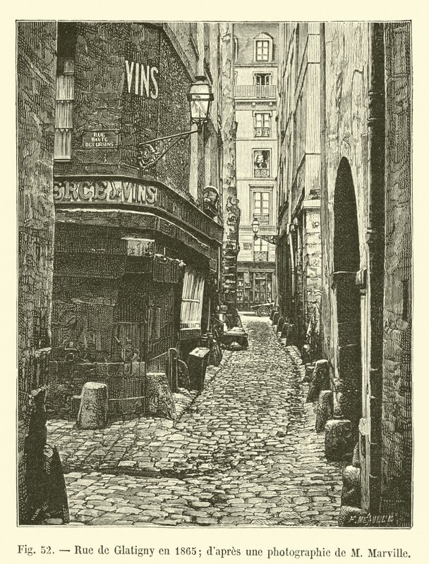 Rue de Glatigny i 1865; fra et fotografi af M Marville af French School