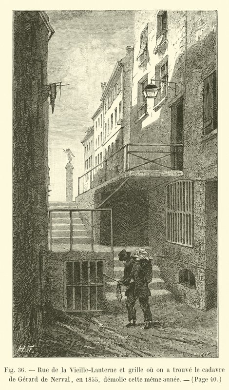 Rue de la Vieille-Lanterne og porten, hvor liget af Gerard de Nerval blev fundet i 1855, revet ned samme år af French School