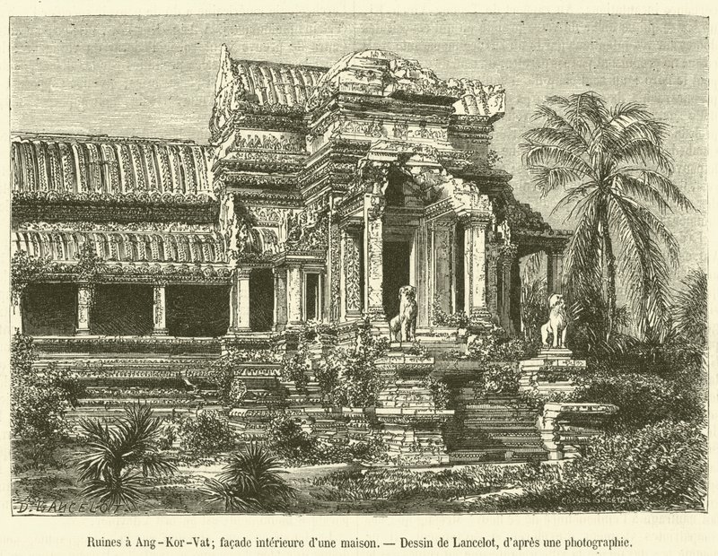 Ruiner ved Angkor-Vat, indvendig facade af et hus (gravering) af French School