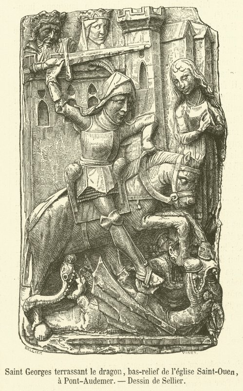 Saint George dræber dragen, basrelief af Saint-Ouen kirken, i Pont-Audemer (gravering) af French School