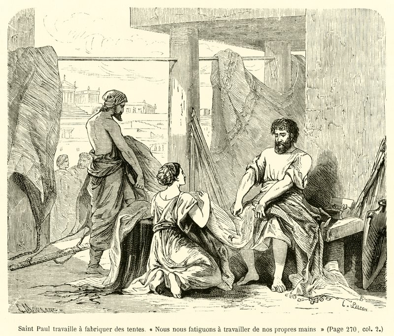 Saint Paul arbejder på at lave telte, "Vi bliver trætte af at arbejde med vores egne hænder" (gravering) af French School