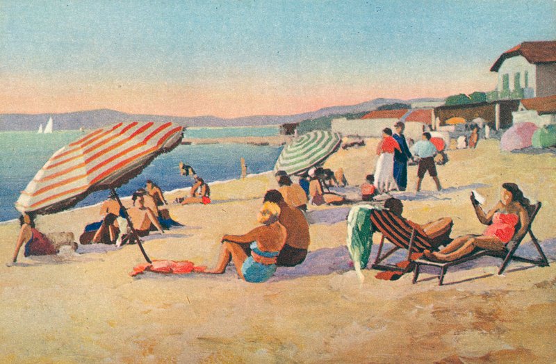 Saint Tropez: Bouillabaisse-stranden (farvelitografi) af French School