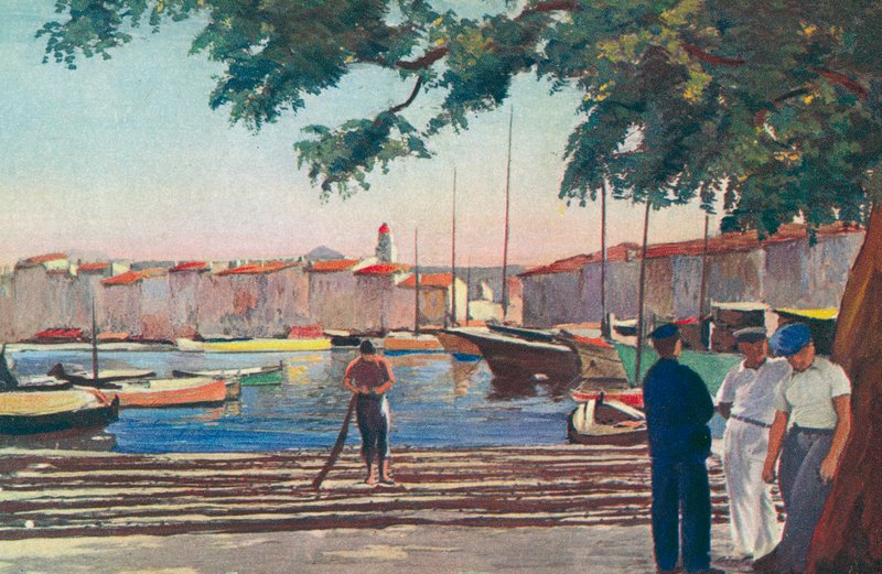 Saint Tropez: Havnen (farvelitografi) af French School