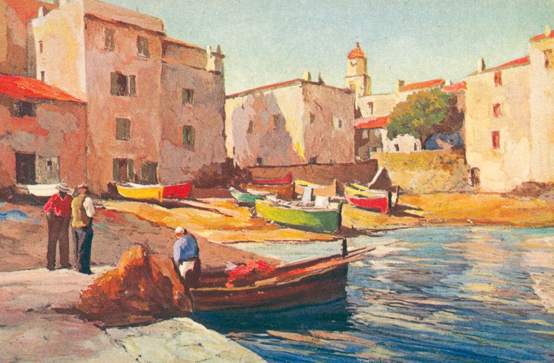 Saint Tropez: Den gamle fiskerhavn (farvelitografi) af French School