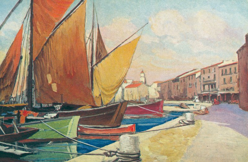 Saint Tropez: Sejlbåd i havn (farvelitografi) af French School