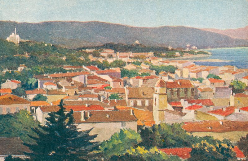 Saint Tropez: Generel udsigt (farvelitografi) af French School
