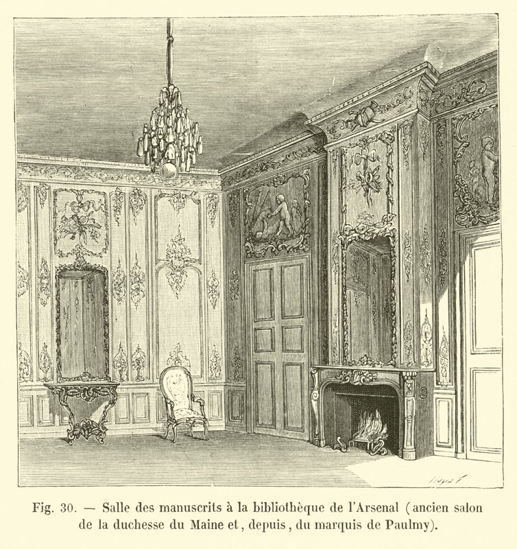 Manuskriptrum i Arsenal-biblioteket, tidligere salon for hertuginden af ​​Maine og siden da Marquis de Paulmy af French School