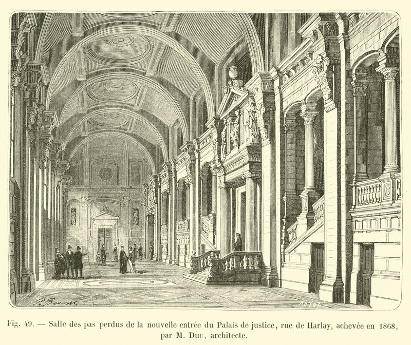Salle des pas perdus ved den nye indgang til Palais de Justice, rue de Harlay, færdiggjort i 1868 af M Duc, arkitekt af French School