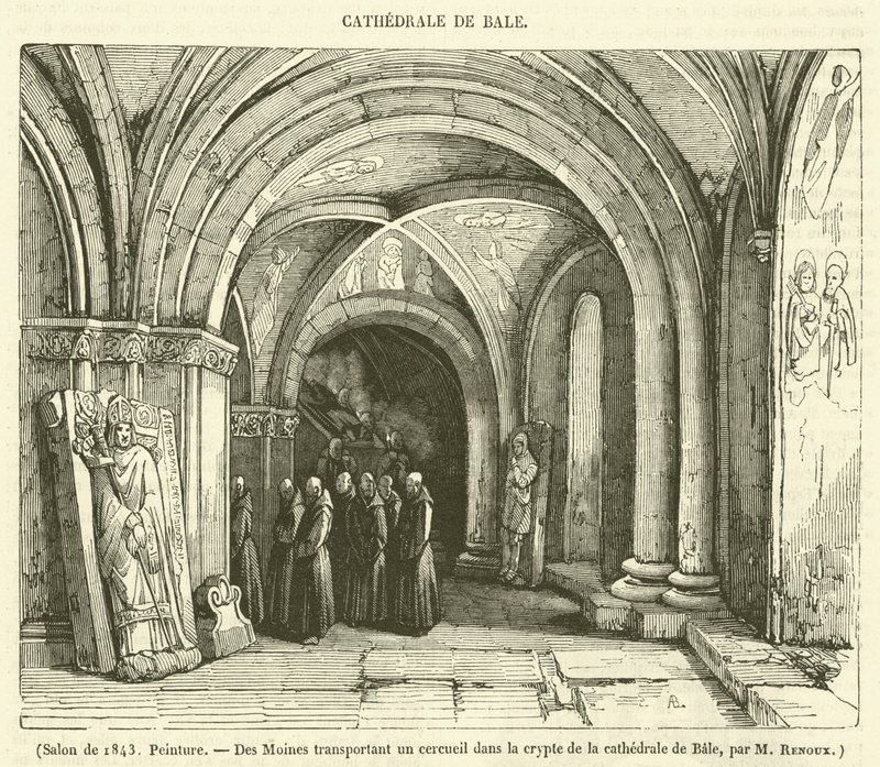 Salon i 1843, Maleri, Des Moines transportant un cercueil dans la crypte de la cathedrale de Bale (kobberstik) af French School