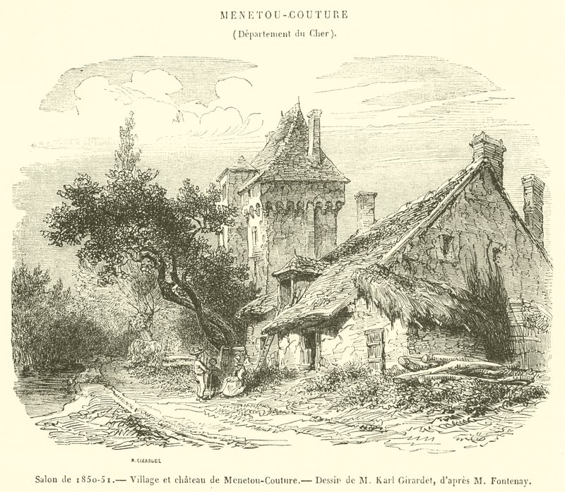Stue fra 1850-51, landsbyen og slottet Menetou-Couture (gravering) af French School