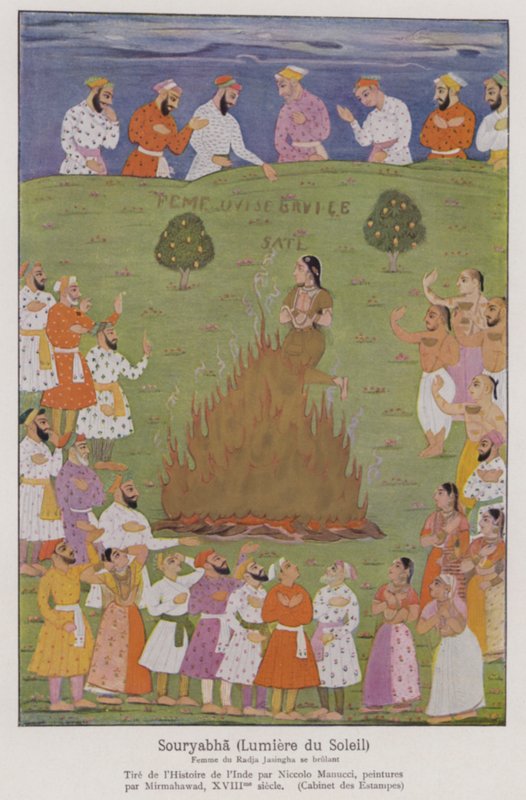 Sati, traditionen med, at en enke ofrer sig selv på sin mands ligbål i Indien (farvelitografi) af French School