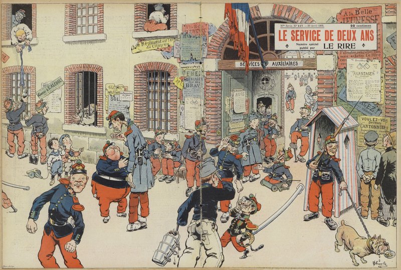 Satire over indførelse af værnepligt i den franske hær. Illustration til Le Rire (farve litho) af French School