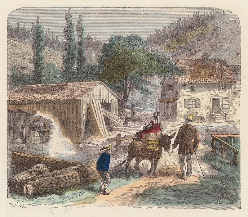 Savværk (farvet gravering) af French School