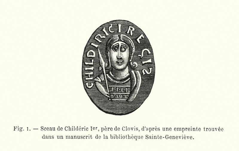 Segl af Childeric I, far til Clovis, fra et aftryk fundet i et manuskript i Sainte-Genevieve-biblioteket (gravering) af French School