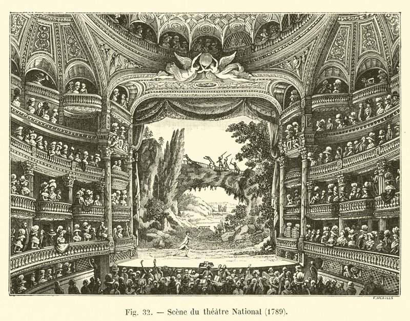 Scene du theatre National, 1789 af French School