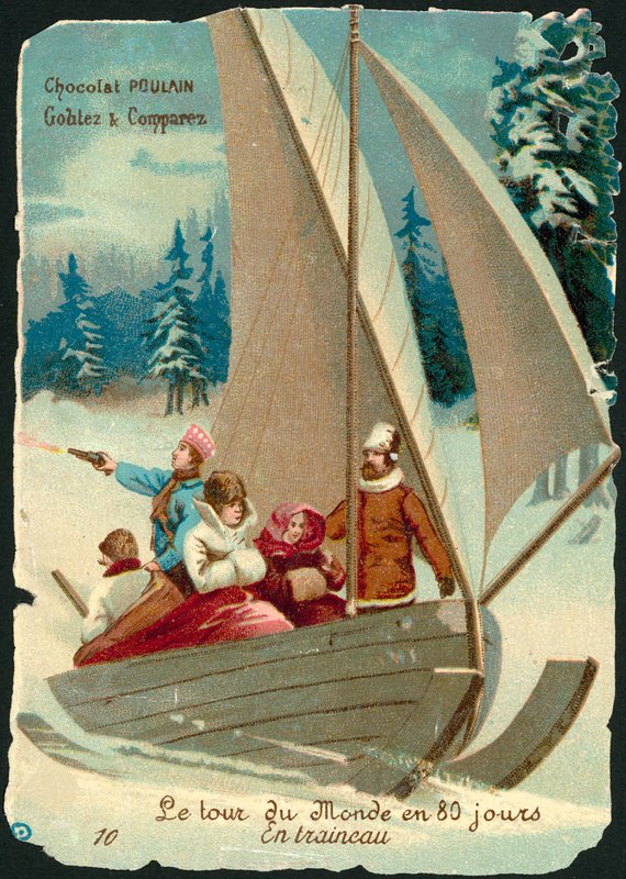 Scene fra Jorden rundt på firs dage, af Jules Verne (chromolitho) af French School
