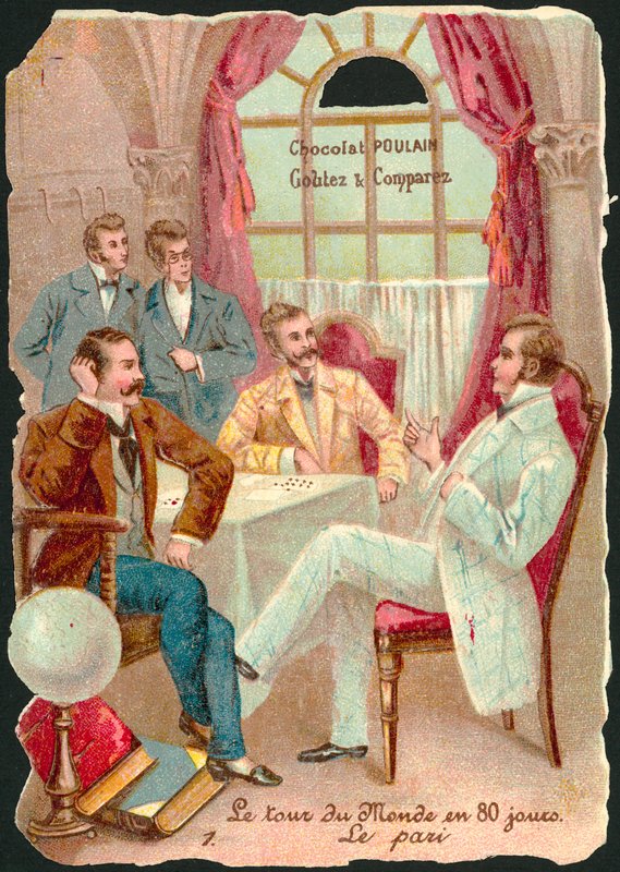 Scene fra Jorden rundt på firs dage, af Jules Verne (chromolitho) af French School
