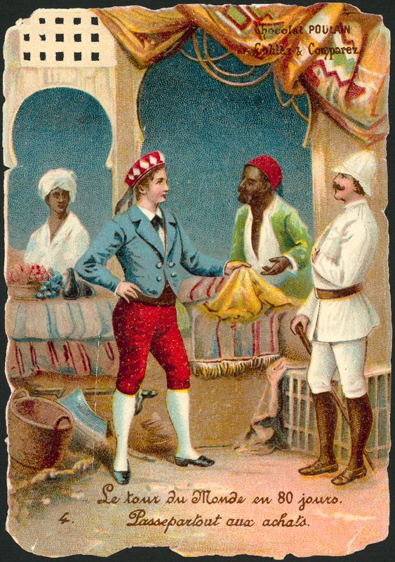 Scene fra Jorden rundt på firs dage, af Jules Verne (chromolitho) af French School