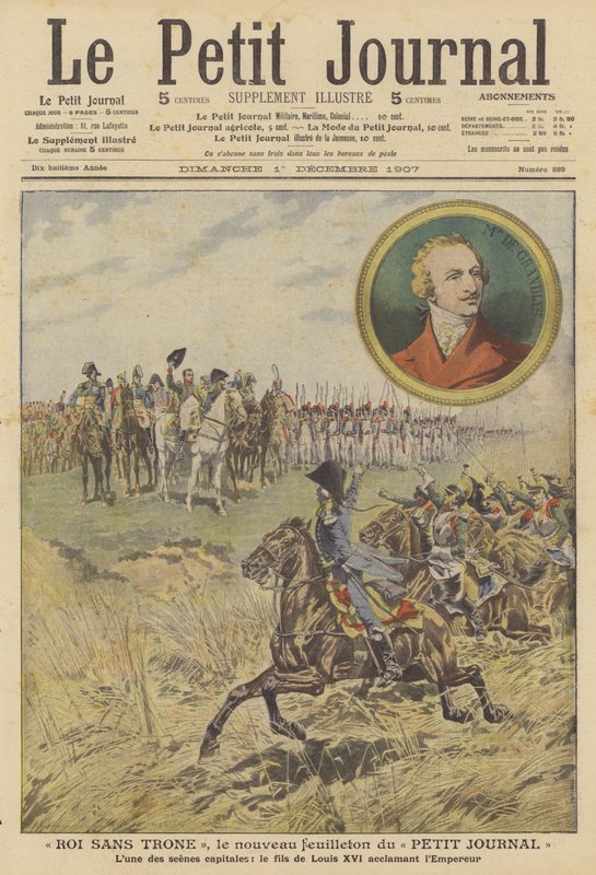 Scene fra "King Without a Throne", den nye serie i Le Petit Journal (farve litho) af French School