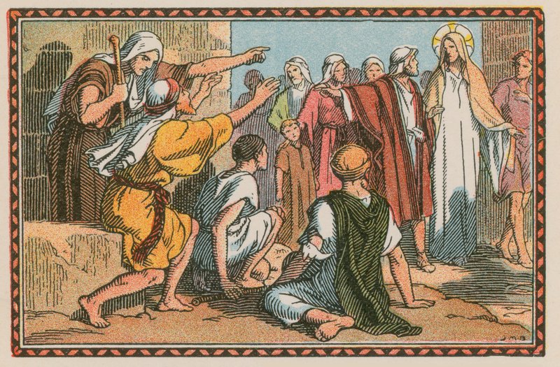 Scene fra Jesu liv (farvet indgravering) af French School