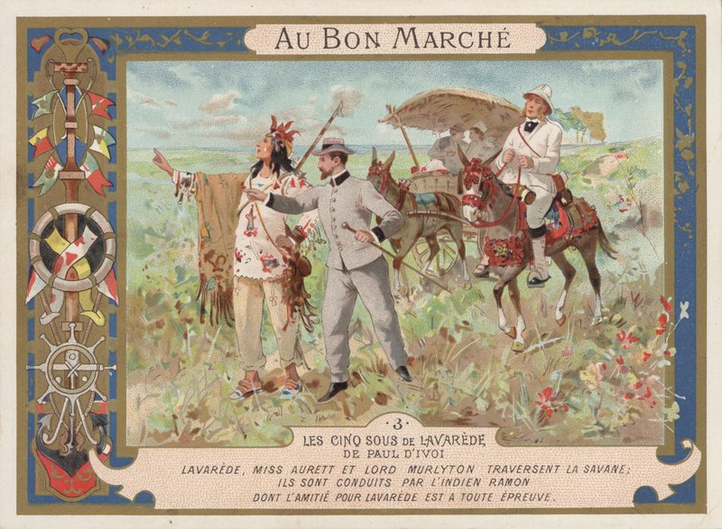Scene fra romanen Les Cinq Sous de Lavarede, af Paul Ivoi (chromolitho) af French School
