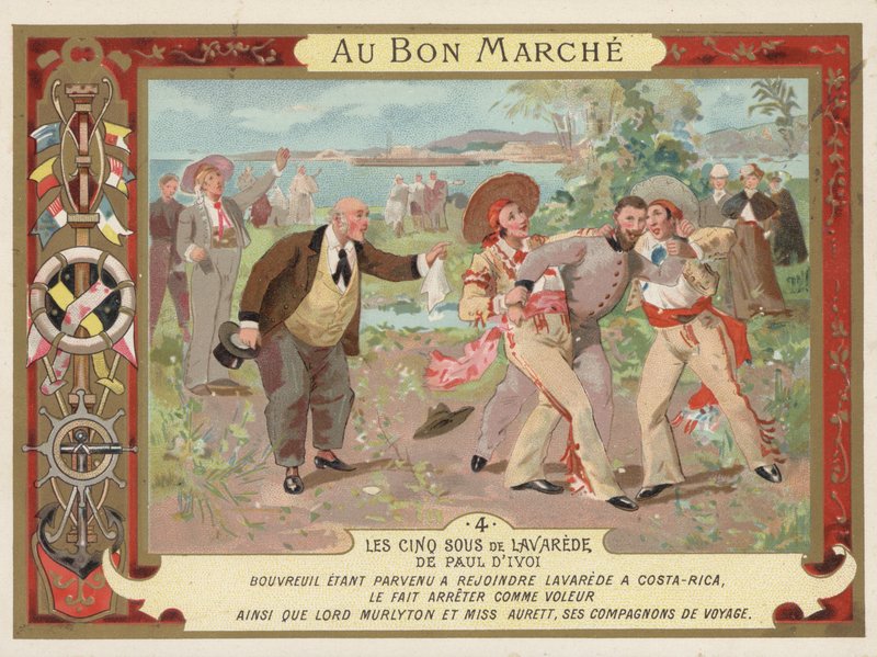 Scene fra romanen Les Cinq Sous de Lavarede, af Paul Ivoi (chromolitho) af French School