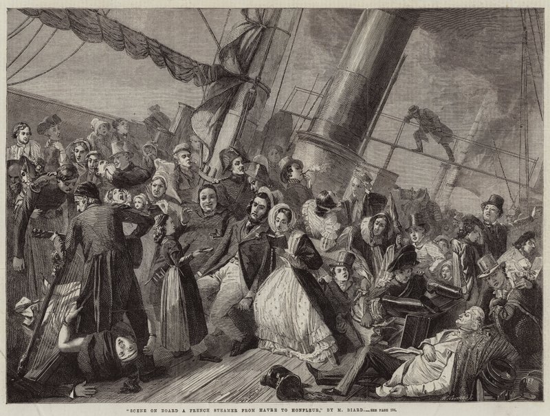 Scene om bord på en fransk dampskib fra Havre til Honfleur (gravering) af French School