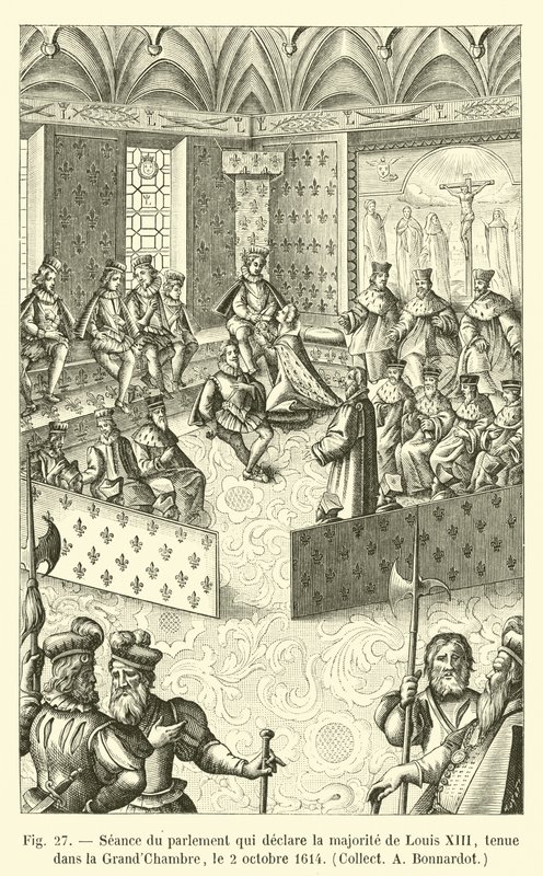 Møde i parlamentet, som erklærer flertallet af Ludvig XIII, afholdt i Storkammeret, 2. oktober 1614, Collect A Bonnardot af French School